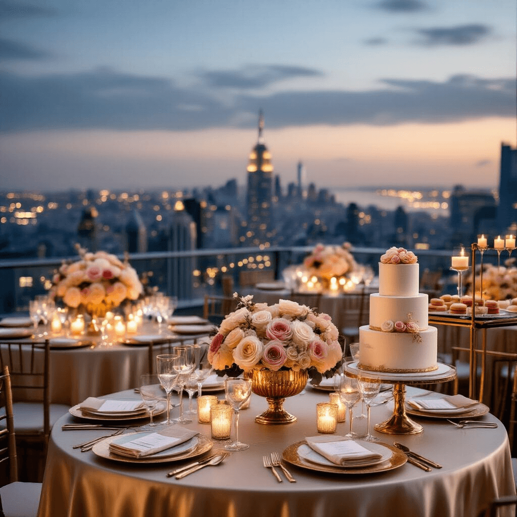 An elegant milestone birthday celebration on a chic rooftop terrace at dusk, featuring round tables with champagne silk linens, blush and cream rose centerpieces in gold vases, gold-rimmed place settings, twinkling fairy lights, a stylish bar cart with cocktails, and a dessert table with a tiered naked cake and pastel macarons.