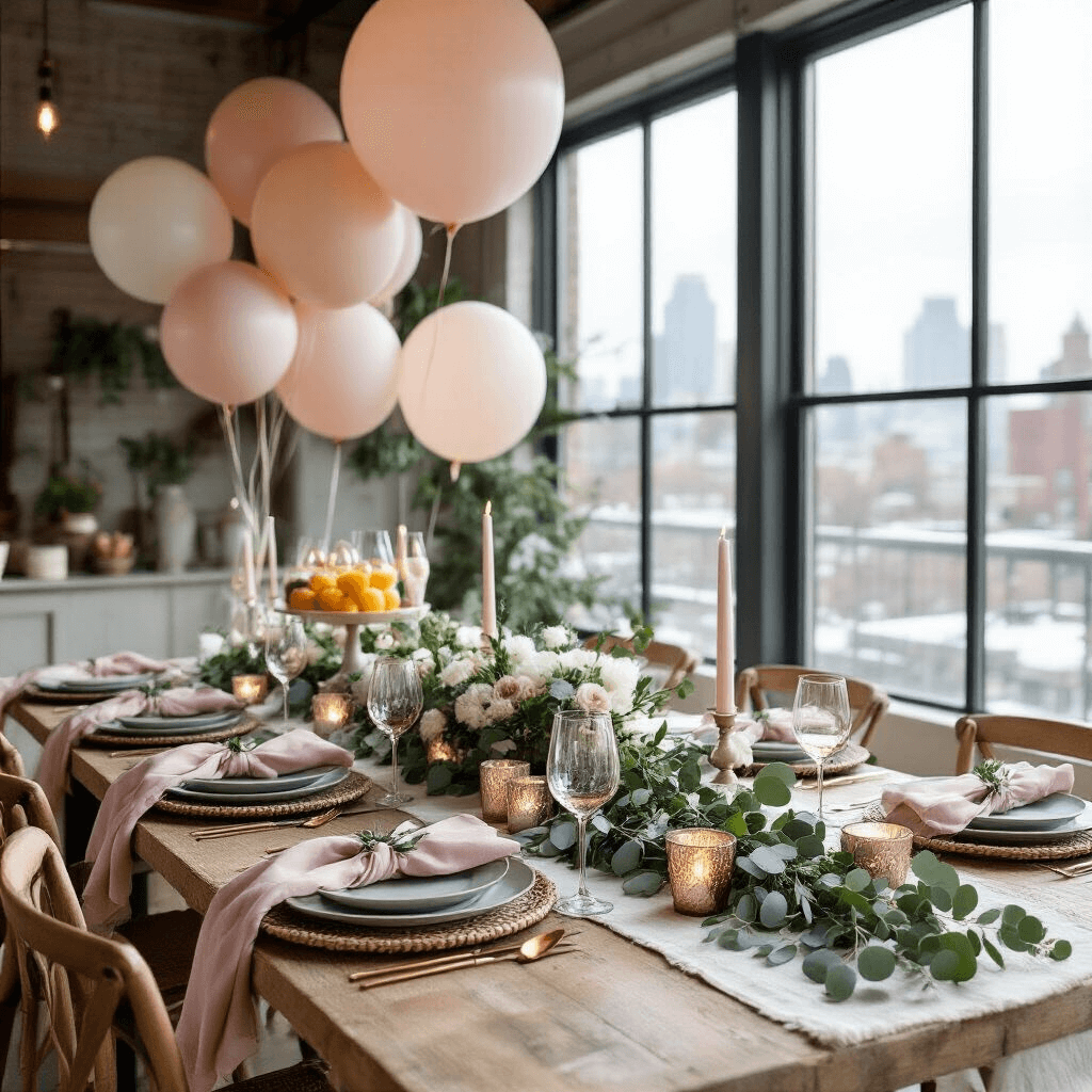 Cozy indoor winter birthday brunch in a modern loft with a farmhouse table adorned with floral arrangements, gold flatware, and a mimosa bar, surrounded by soft morning light and a snowy cityscape.