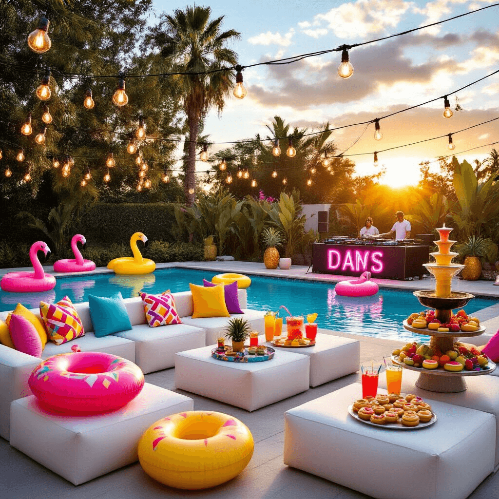 A vibrant teen pool party at golden hour features a stylish lounge with white seating and colorful pillows, string lights overhead, a DJ booth with neon signs, a pool filled with inflatable flamingos and pineapples, a floating table of bright mocktails, and a dessert cart with donuts and a chocolate fountain surrounded by fruit skewers.