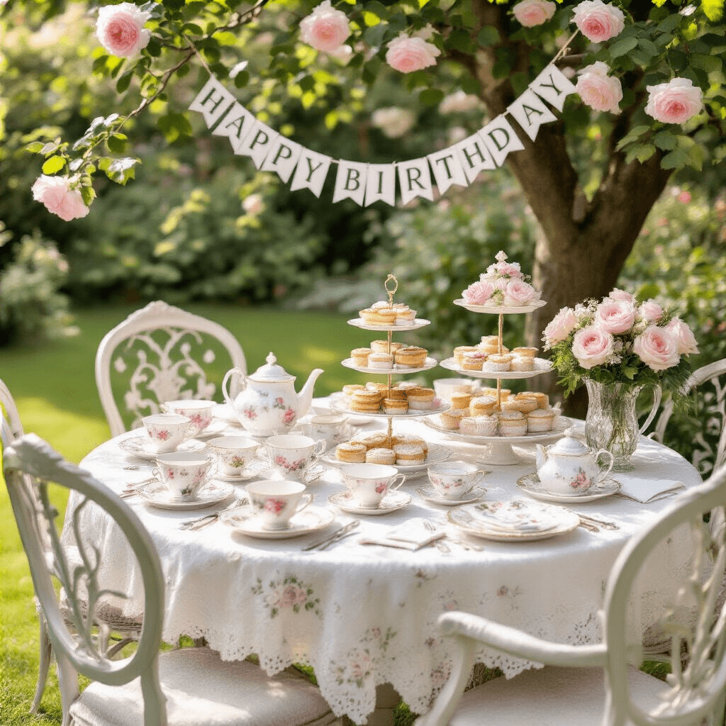 An enchanting garden tea party set in soft morning light, featuring mismatched vintage tables draped in lace with pastel floral china, silver teaspoons, and embroidered napkins. Tiered stands overflow with treats, while climbing roses and a handmade banner enhance the festive atmosphere, alongside prismatic lemonade decanters.