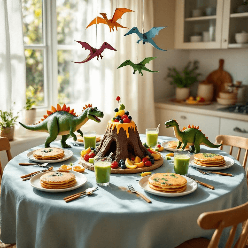 A sunlit kitchen nook featuring a dinosaur-themed birthday breakfast with a blue tablecloth, dinosaur-shaped pancakes, colorful fruit skewers, green smoothie glasses, and a cardboard volcano centerpiece with a fruit platter, alongside a mobile of paper pterodactyls.
