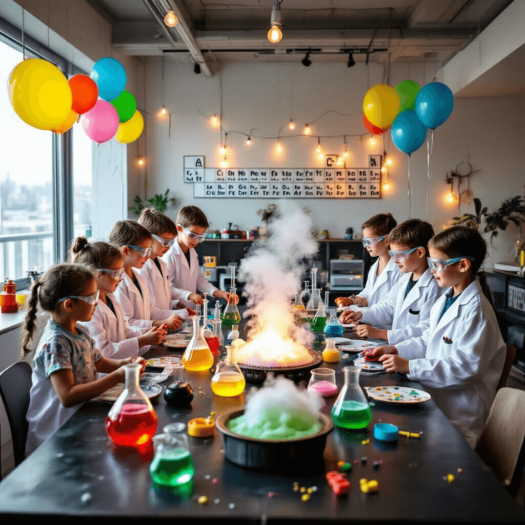 A vibrant mad scientist-themed birthday party in a modern apartment, featuring a laboratory setup with safety goggles, test tubes, bubbling beakers, and kids gathered around a towering periodic table cake, under helium molecule balloons and string lights.