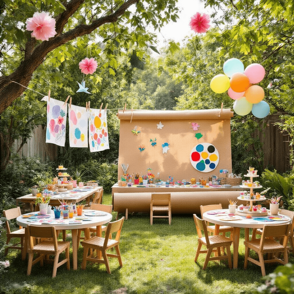 A sun-drenched backyard birthday party with low tables and miniature chairs set up as arts and crafts stations, colorful supplies scattered around, drying masterpieces on a clothesline, a massive paper roll for collaborative painting, tissue paper flowers and origami hanging from trees, and a tiered cupcake stand with edible paint palette treats, all illuminated by natural sunlight.