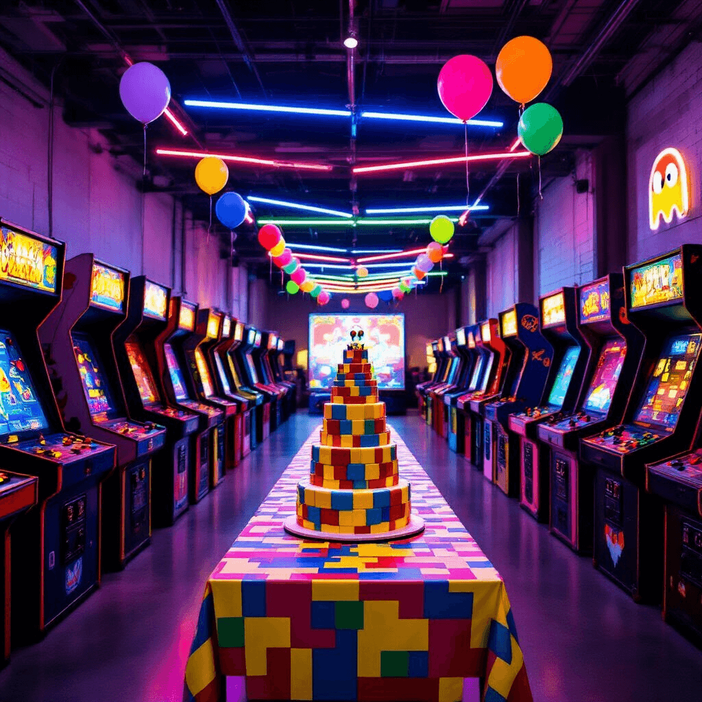 A vibrant arcade-themed birthday party with classic arcade cabinets, neon LED lights, a towering token cake, colorful balloons, and a DIY photo booth, capturing a joyful atmosphere with children playing games.