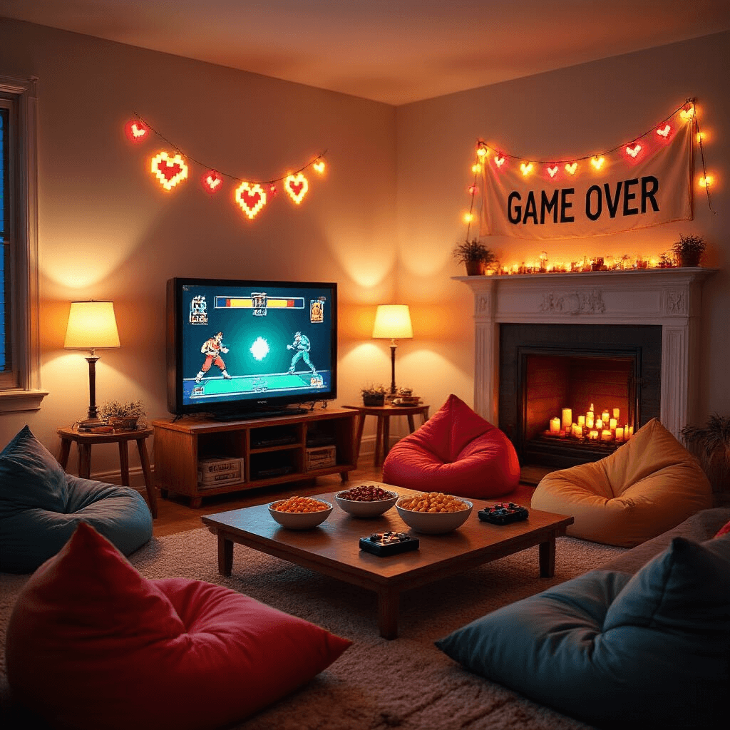 Cozy living room transformed into a retro gaming haven with soft lighting, a large TV displaying a fighting game, colorful bean bags, snacks, vintage joysticks, pixelated heart string lights, and a 'Game Over' banner above a candle-filled fireplace, captured from a low angle.