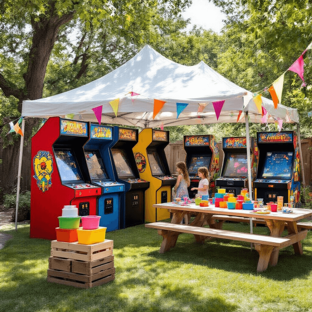 A vibrant outdoor arcade party in a sun-drenched backyard, featuring arcade cabinets under a tent, colorful streamers, a DIY prize counter, children playing with a giant Jenga set, and a picnic table set with colorful tableware and game-themed centerpieces.