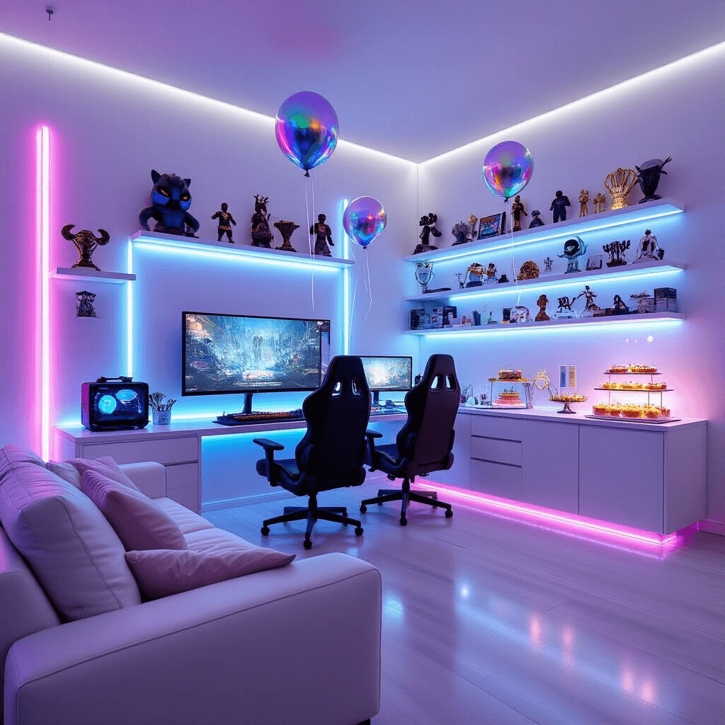 A futuristic gaming lounge designed for a teen's birthday, featuring minimalist white furniture contrasted with neon blue and purple LED lighting, a multi-screen gaming setup, ergonomic chairs, and a dessert bar with tech-inspired treats and holographic balloons.
