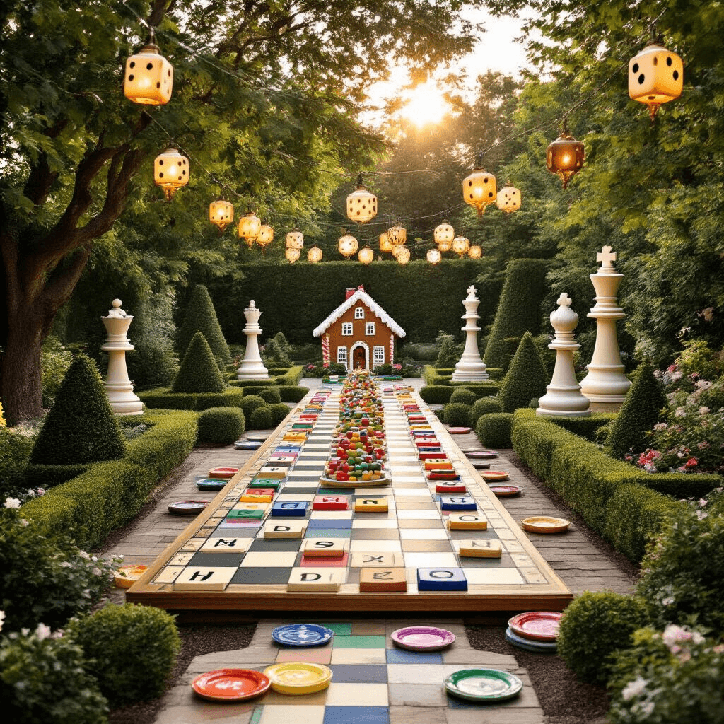 A whimsical garden party where classic board games are brought to life, featuring a giant Scrabble board with oversized letter tiles, towering chess pieces beside topiary Monopoly figures, and a banquet table resembling a Candyland board with colorful plates leading to a gingerbread house cake, all illuminated by hanging lanterns shaped like dice at sunset.