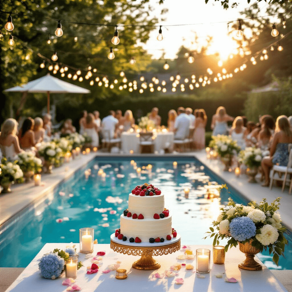 A vibrant poolside birthday celebration in a spacious backyard during golden hour, featuring a rectangular pool with floating candles and flower petals, tables with white linens and blue hydrangea centerpieces, overhead Edison bulbs, and a tiered white cake with fresh berries on a gold stand as guests in summer attire mingle nearby.