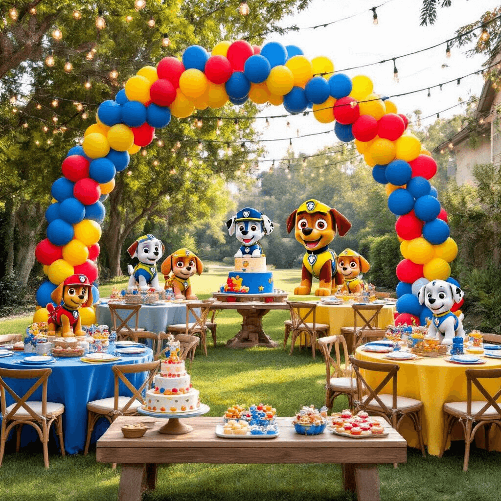 A whimsical PAW Patrol-themed birthday party featuring a vibrant balloon arch, colorful tables with puppy-themed centerpieces, an oversized Chase balloon, string lights overhead, and a dessert table with a tiered cake and themed treats.