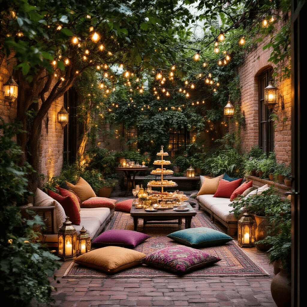 An enchanting evening courtyard garden party illuminated by fairy lights, featuring low tables with jewel-toned cushions, Moroccan lanterns, and a dessert cart with pastries and a champagne tower, surrounded by trailing vines and potted herbs against weathered brick walls.