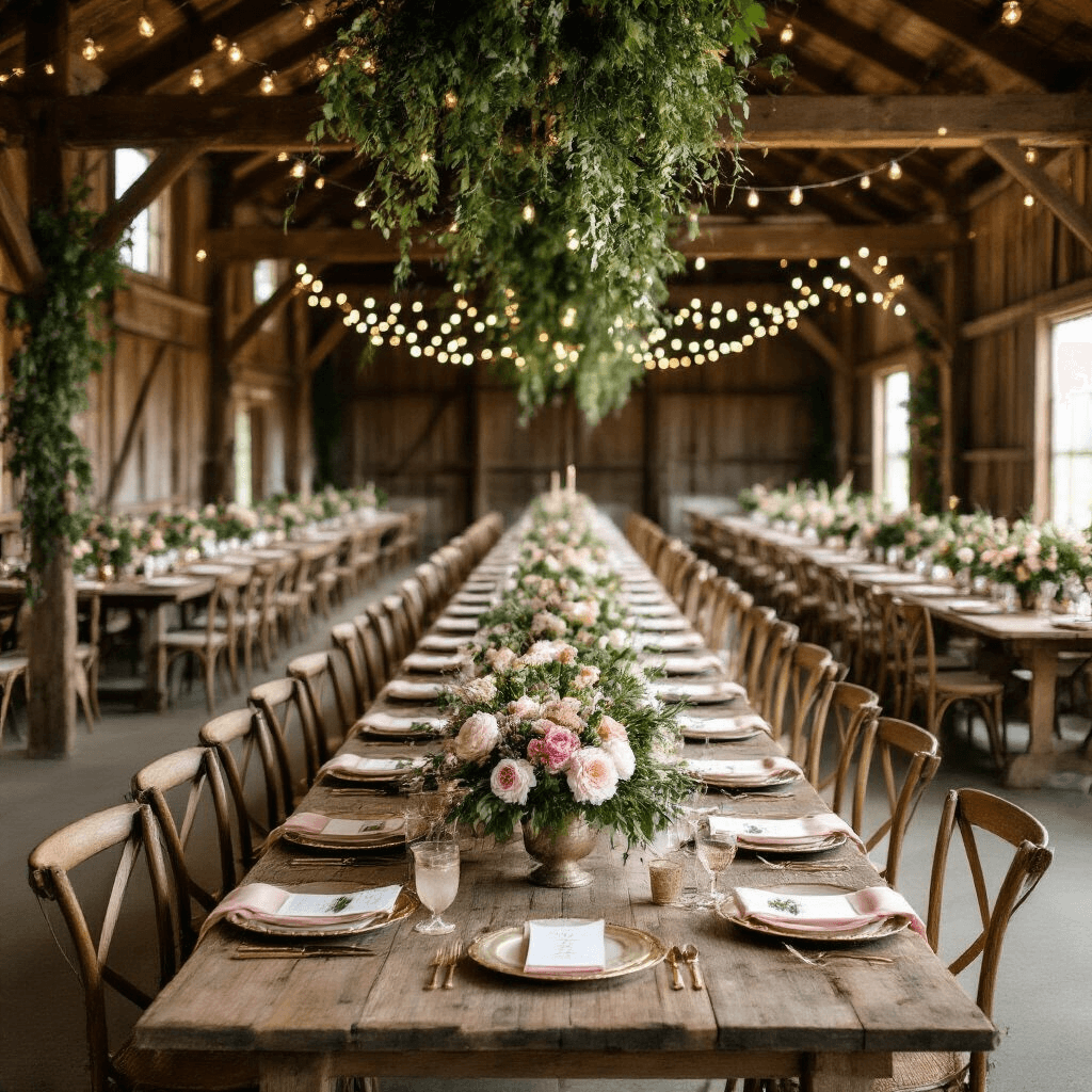 A rustic barn wedding reception featuring exposed wooden beams decorated with greenery and string lights, long farm tables with mismatched chairs, elegant place settings with gold-rimmed chargers and blush napkins, lush floral centerpieces in weathered containers, and a dessert display with pies and a naked cake topped with fresh figs and berries.