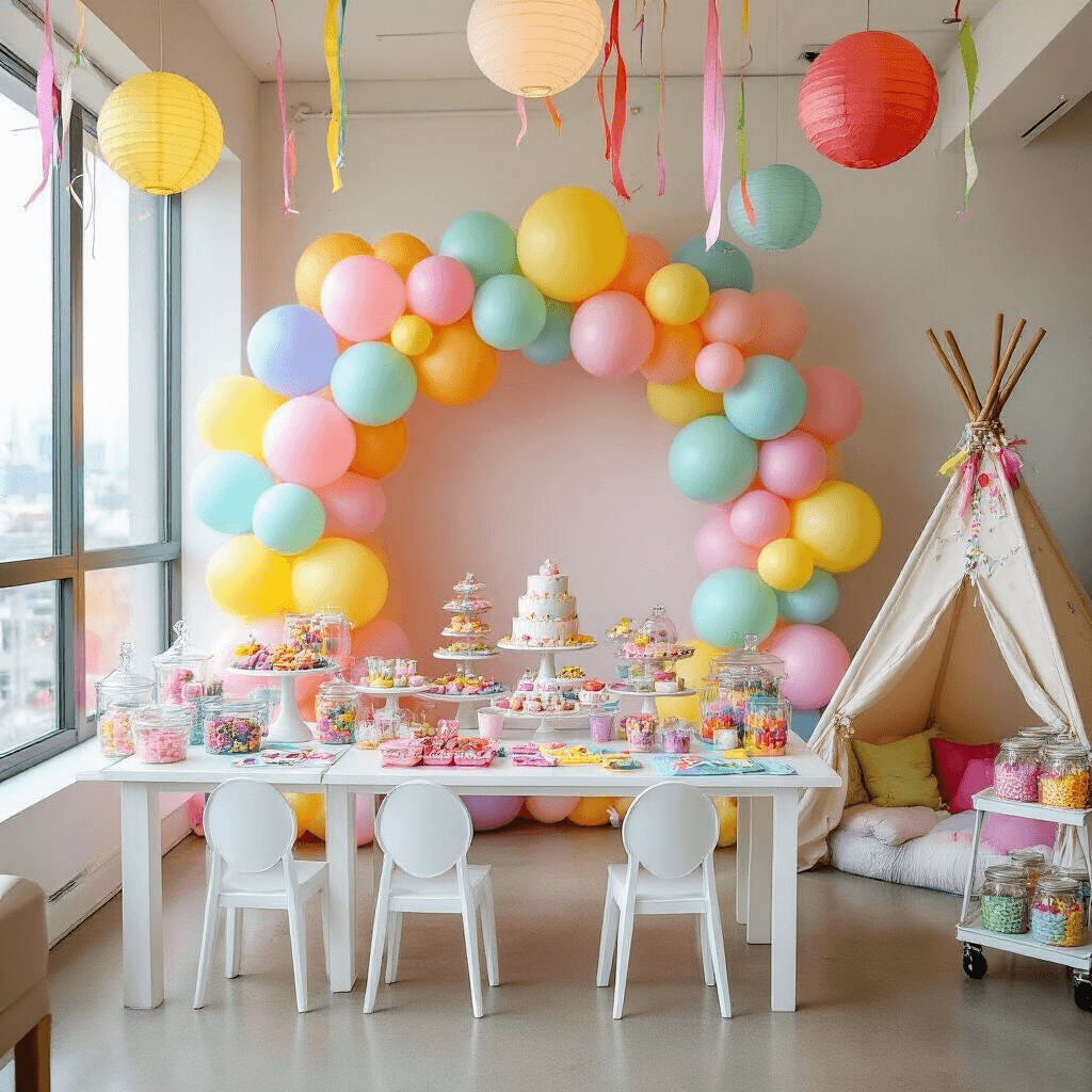 A vibrant children's birthday party in a modern apartment, featuring oversized pastel balloons, a dessert table with rainbow treats, low tables with craft supplies, a cozy teepee with fairy lights, and colorful paper lanterns hanging above.