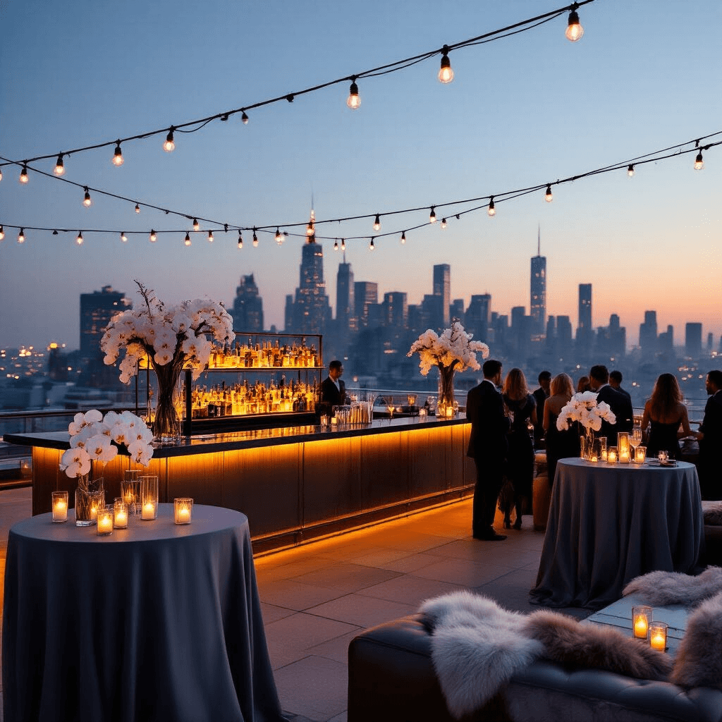 An elegant rooftop cocktail party at twilight, featuring sleek high-top tables with grey linens and white orchid arrangements, a glowing bar with artisanal cocktails, leather lounge furniture with faux fur throws, flickering candles, and string lights overhead, with well-dressed guests mingling against a city skyline.