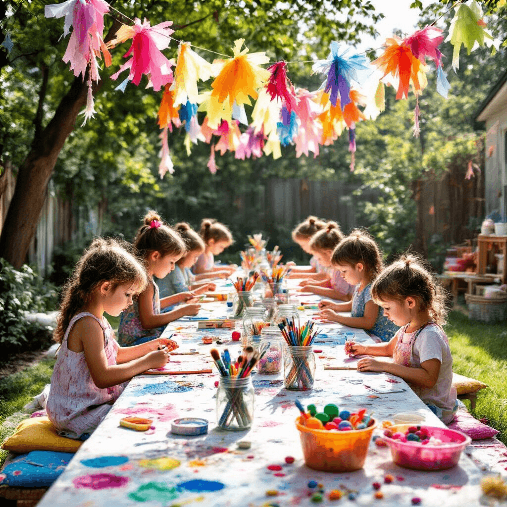 A vibrant backyard arts and crafts event featuring children engaged in creative projects at long tables, surrounded by colorful art supplies and drying artwork hanging from a clothesline, all under a whimsical canopy of tissue paper garlands.