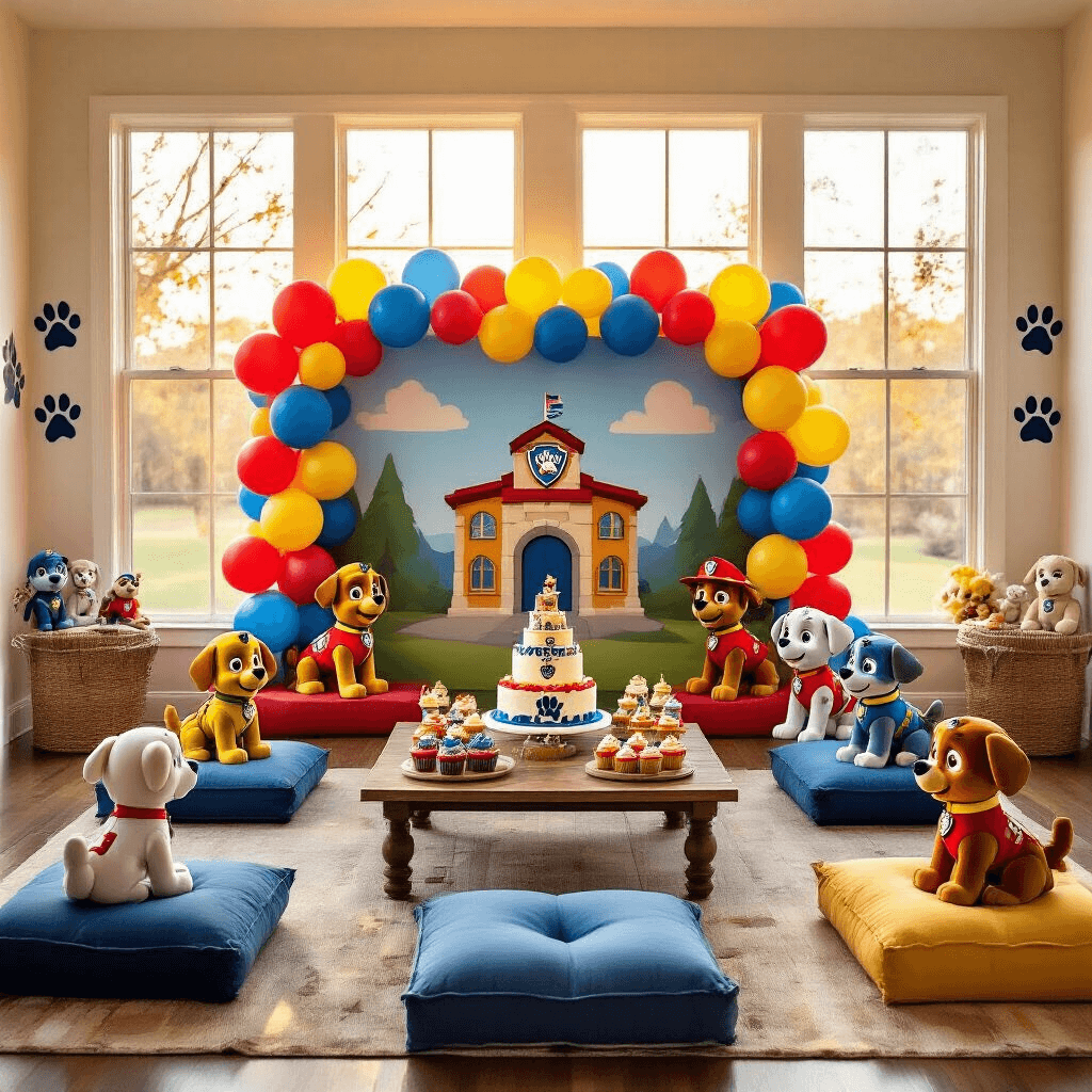 A cozy indoor PAW Patrol celebration featuring a themed Adventure Bay backdrop, colorful balloons, plush seating, a Marshall-shaped cake, cupcakes, paw print decals, and soft toy pups, all bathed in warm golden hour light.