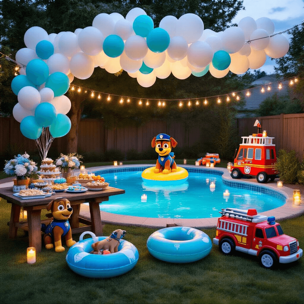 A vibrant PAW Patrol pool party at dusk, featuring glowing fairy lights and floating candles, with blue and teal balloon bouquets lining the pool's edge. A 'Zuma' character balloon floats in the water, while a rustic table displays nautical snacks and a lifeguard tower cake. Inflatable rescue vehicles are scattered on the lawn, and a DIY photo booth features a painted cardboard fire truck under a canopy of white balloons, with Chase's badge projected above.