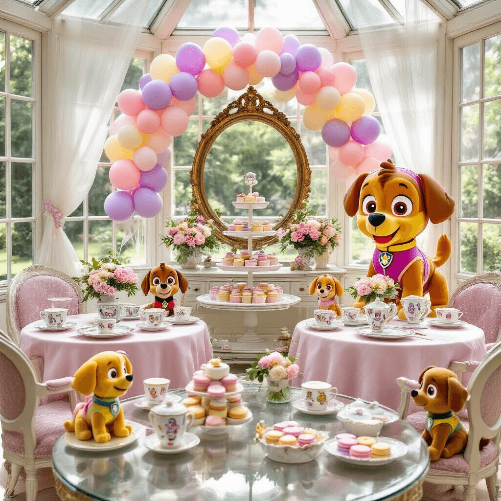 An elegant PAW Patrol tea party in a sunlit garden conservatory, featuring glass tables with pastel linens, fine china depicting pup portraits, and centerpieces of fresh flowers with character balloons. A soft pink balloon garland frames an ornate mirror, while a vintage cart displays a tiered stand of 'pupcakes' and macarons. Plush toy pups sit in miniature chairs, and a life-sized Skye balloon stands at the entrance, all under sheer drapery and crystal chandeliers.