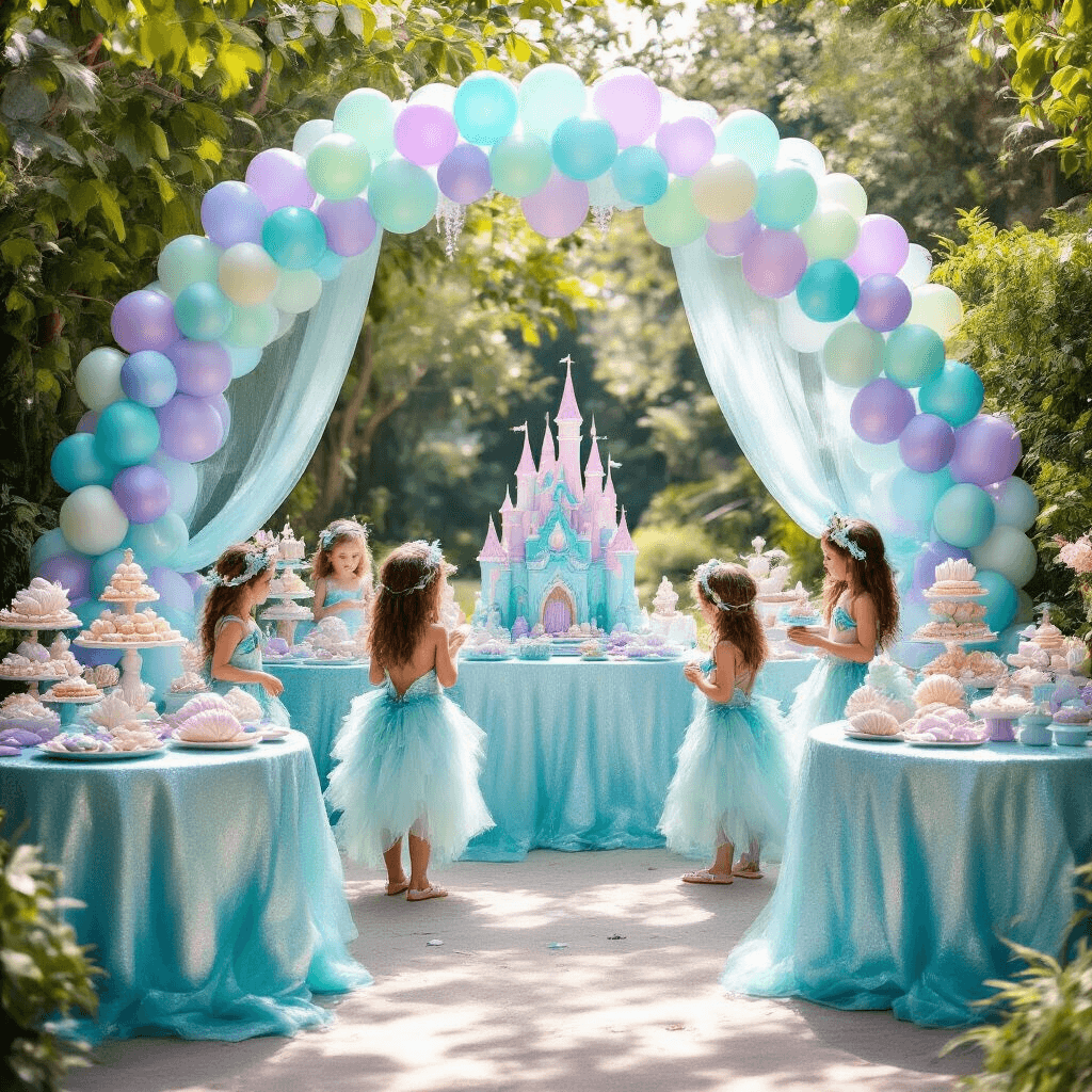 A whimsical mermaid-themed birthday party in a sunlit garden with an iridescent balloon arch, pastel blue and purple decor, shimmering aqua table linens, a dessert table featuring an underwater castle cake, sea creature treats, tulle 'seaweed' decorations, and children in mermaid costumes playing near a treasure chest gift table.