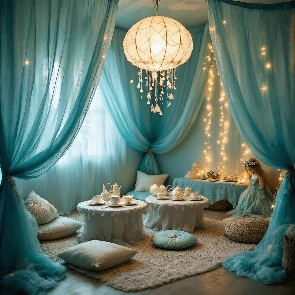 A cozy underwater-themed living room adorned with blue and green draperies, fairy lights, and low tables set for a whimsical mermaid tea party, complete with pearlescent teacups and a DIY jellyfish chandelier. A dress-up station with mermaid tails and seashell crowns adds to the magical ambiance.
