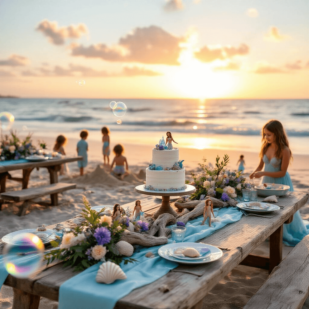 A serene beachfront mermaid party at golden hour, featuring weathered wood tables with ombre blue linens, driftwood and sea glass centerpieces, a dessert cart with a naked cake decorated with edible shells, children playing in the sand, and iridescent bubbles floating in the warm sunlight.