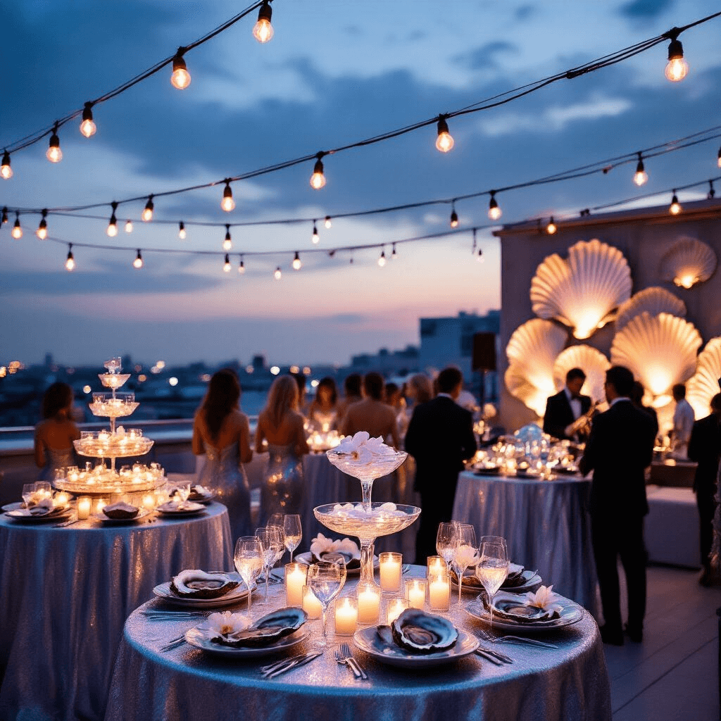 An elegant rooftop terrace transformed into a sophisticated mermaid soiree, featuring illuminated market lights, high cocktail tables with silver linens, floating candles and orchids, a raw bar with oysters and pearls, guests in ocean-inspired attire, a champagne tower, and a live band near oversized seashells in a moody, low-light setting.