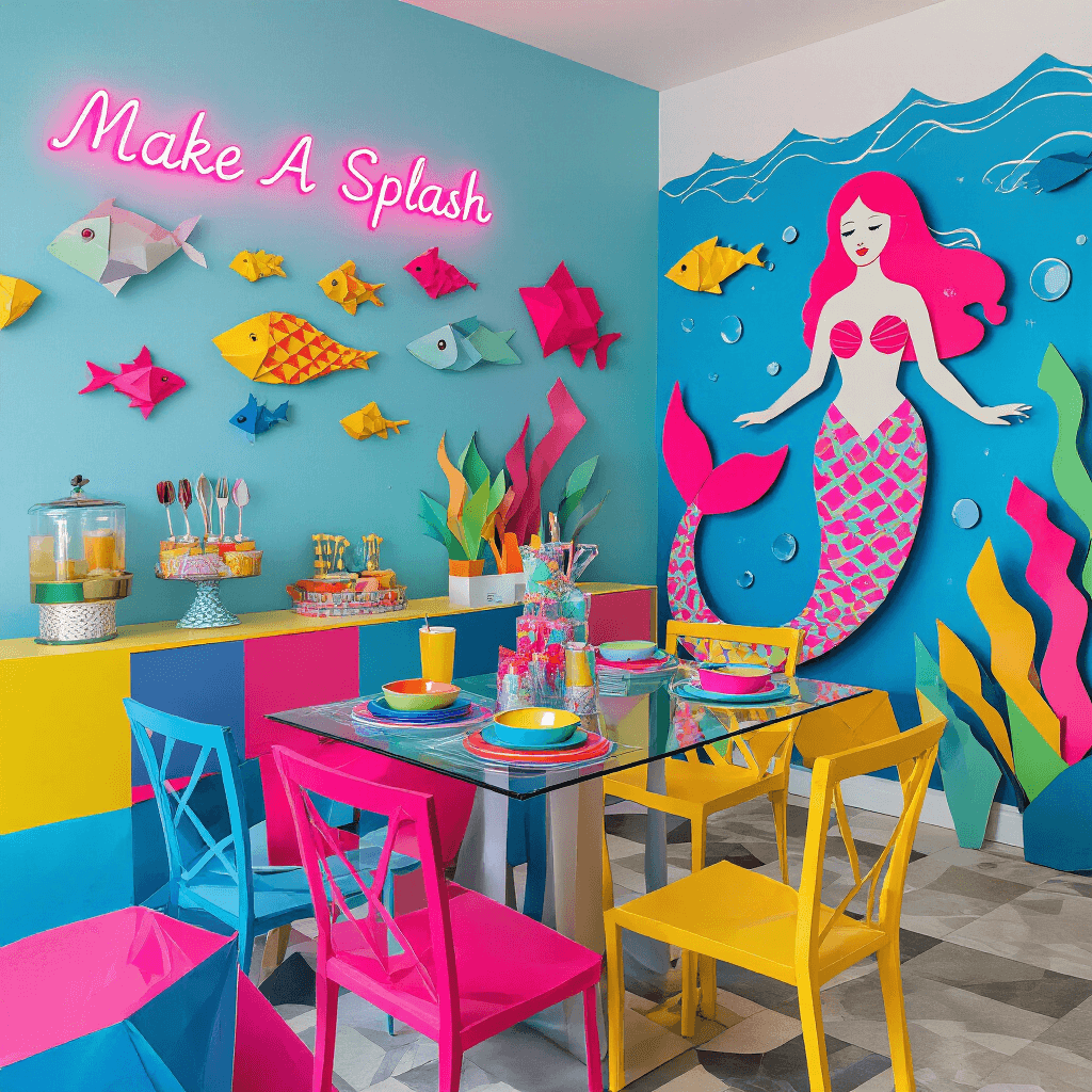 A vibrant pop art-inspired mermaid-themed apartment with bright colors, featuring a large mermaid illustration, geometric patterns, mismatched colorful chairs, a bubble tea station, and a neon 'Make A Splash' sign, presented in a flat lay style.