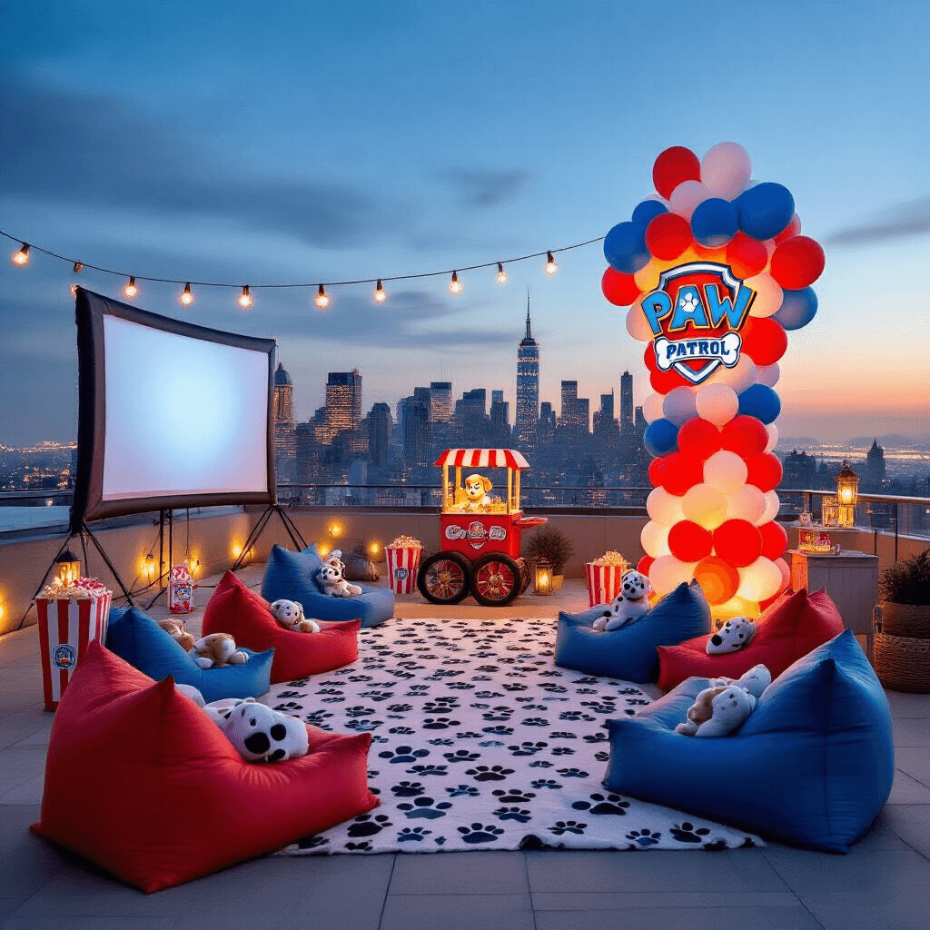 A rooftop terrace movie night scene featuring a giant inflatable screen, colorful balloon decor, cozy seating with paw print blankets, a popcorn cart, a candy station, character balloons, and a themed photo booth with a 'Lookout Tower' backdrop, highlighted by a grand balloon sculpture of the PAW Patrol logo.