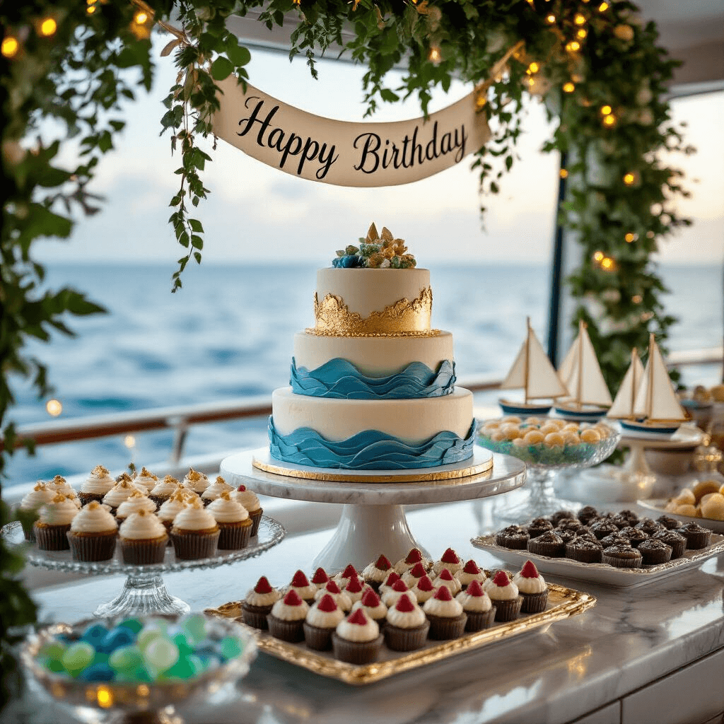 A close-up of a luxurious yacht dessert display featuring a tiered birthday cake with fondant waves and gold leaf, surrounded by nautical-themed cupcakes, sailboat-shaped chocolate-dipped strawberries, and sea-glass colored candies, with a 'Happy Birthday' banner and ambient greenery and fairy lights in the background.