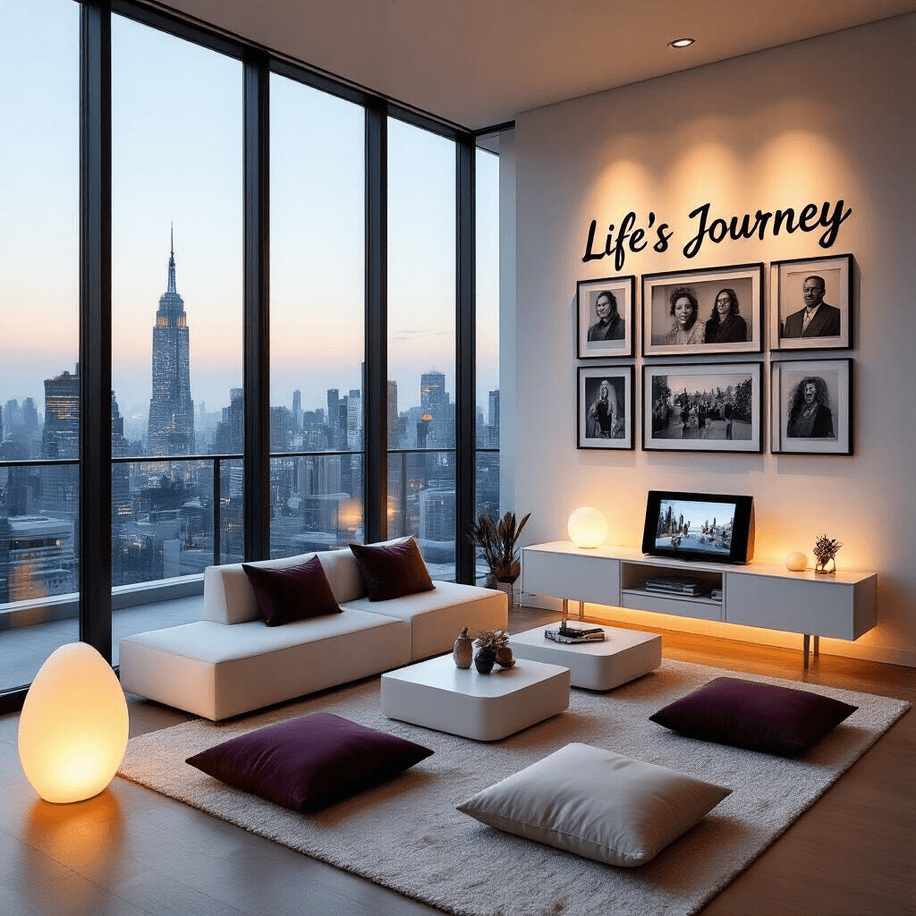 A modern apartment celebration themed around 'Life's Journey,' featuring floor-to-ceiling windows with a city view, a gallery wall of black and white photos, sleek white furniture with jewel-toned decor, low tables with cushions, a digital photo frame, and ambient lighting from sculptural lamps, captured from an elevated angle.