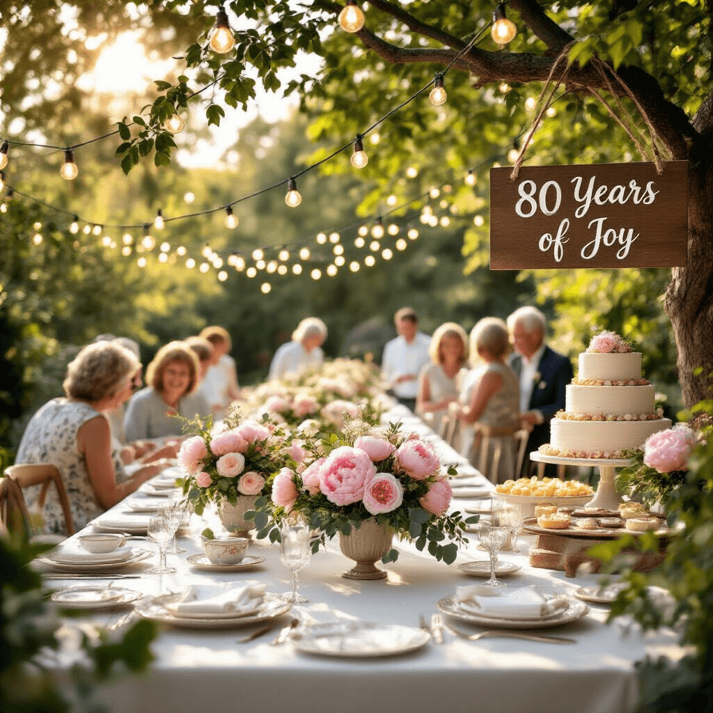 A sunlit outdoor garden party for an 80th birthday, featuring long tables with white linens and pink peony centerpieces, vintage china, string lights overhead, guests mingling near a dessert table with a tiered cake, and a wooden sign reading '80 Years of Joy' amidst wisteria.