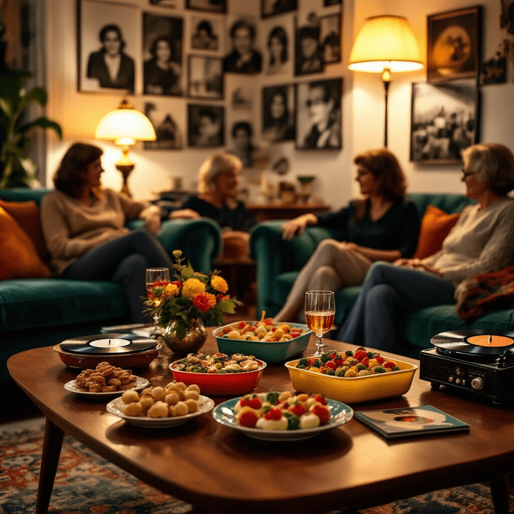 An intimate retro-themed 80th birthday dinner party in a cozy mid-century modern living room, featuring a close-up of a walnut coffee table adorned with colorful hors d'oeuvres in vintage Pyrex dishes, a record player in the background, scattered vinyl albums from the 1960s, warm amber light from Tiffany-style lamps, friends lounging on jewel-toned velvet sofas, and a gallery wall of black and white photos documenting eight decades of memories.