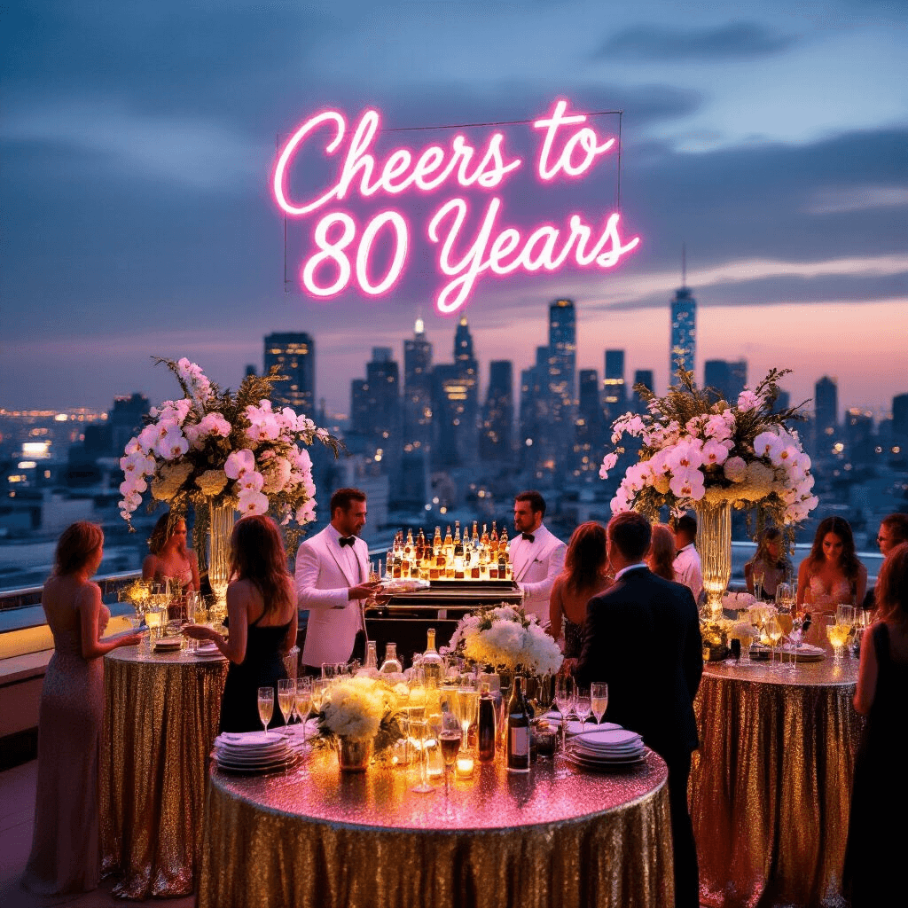 Overhead shot of a glamorous rooftop cocktail party celebrating 80 years, featuring high-top tables with gold sequin linens, tall floral arrangements, waiters serving champagne, a neon sign reading 'Cheers to 80 Years', and guests in cocktail attire mingling by a stylish bar cart.