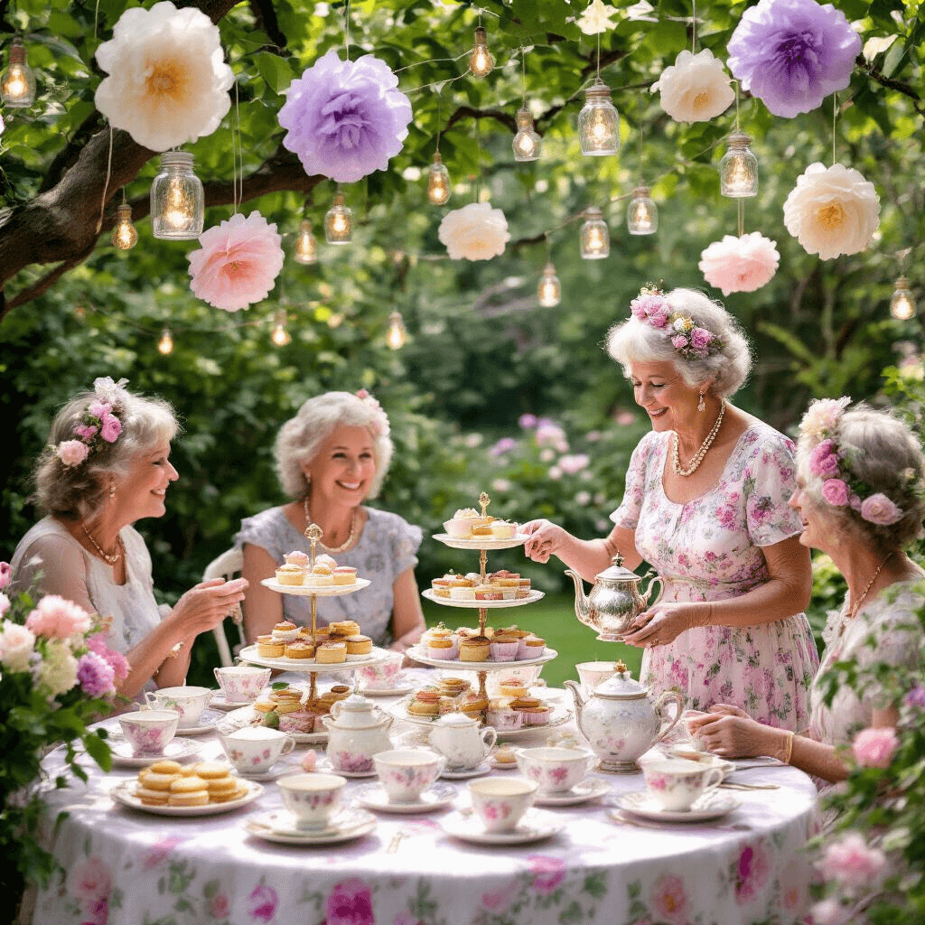 A whimsical garden tea party for an 80th birthday, featuring mismatched vintage teacups on pastel floral tablecloths, tiered cake stands with pastries, oversized paper flowers, and twinkling fairy lights in mason jars, with the guest of honor in a floral sundress pouring tea for smiling guests.