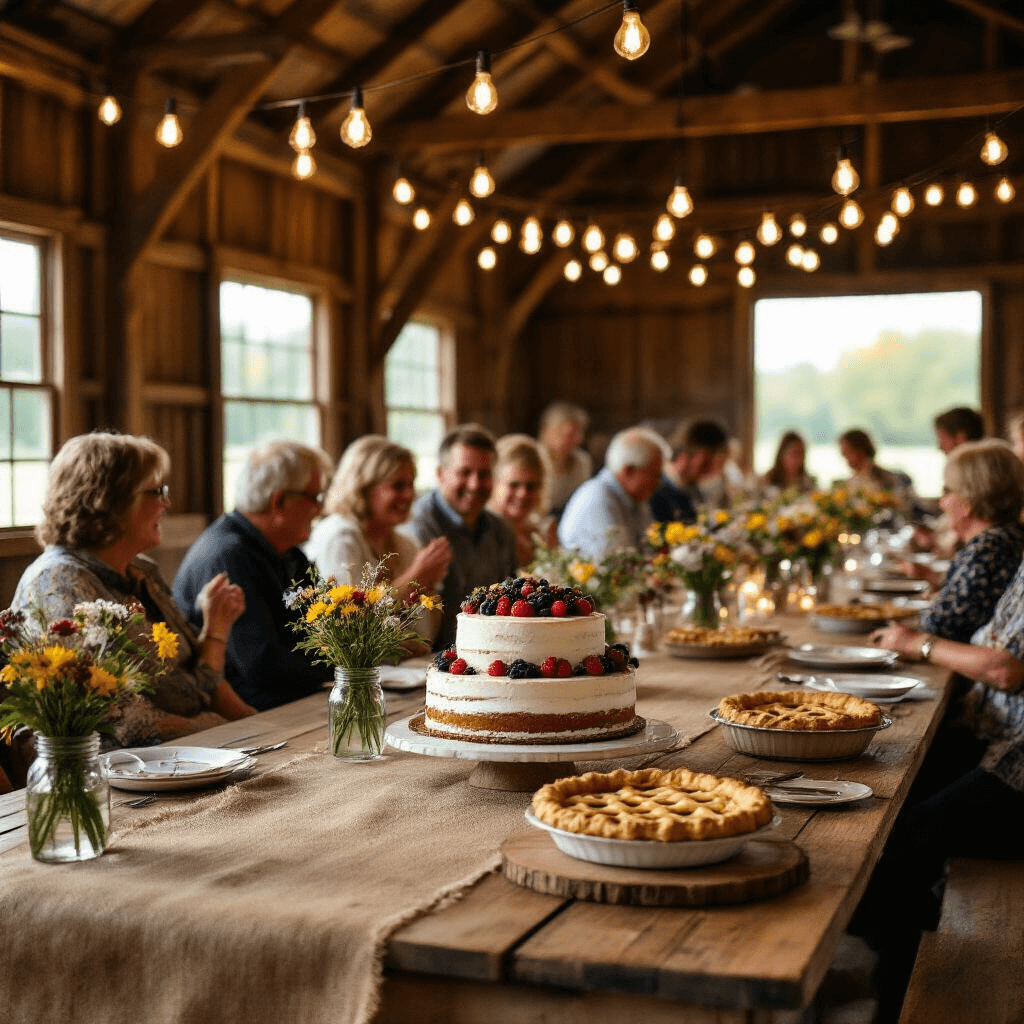 A cozy rustic barn venue for an 80th birthday celebration, featuring long farmhouse tables with burlap runners and wildflower centerpieces, soft Edison bulb lighting, a dessert table with a naked cake and homemade pies, and a photo display of cherished memories. Guests in casual attire are seen laughing and chatting in the warm atmosphere.