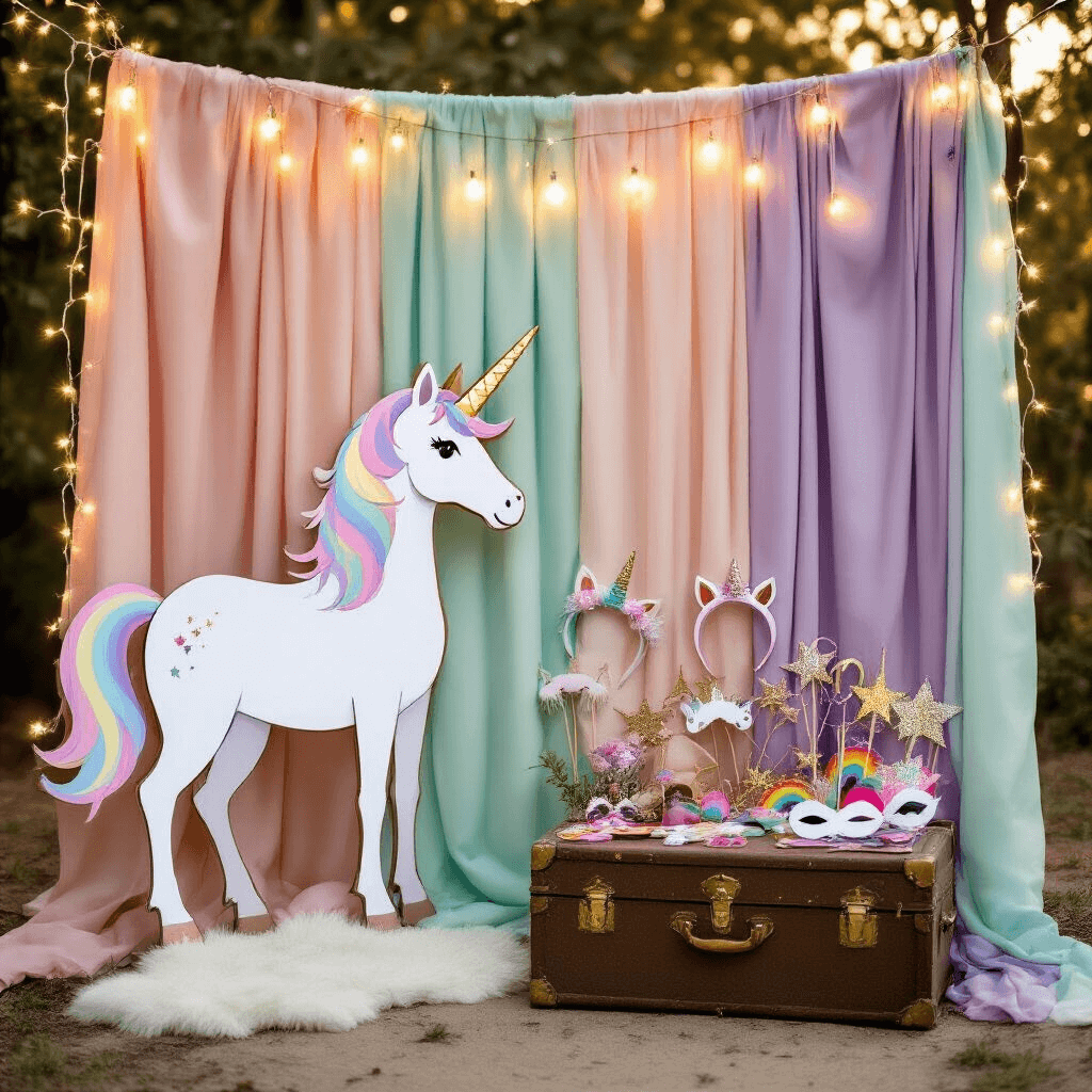 An enchanting unicorn party photo booth corner with a shimmering backdrop of blush pink, mint green, and lavender fabric, featuring an oversized cardboard unicorn cutout, whimsical props on a vintage trunk, and fairy lights overhead, captured in golden hour light.