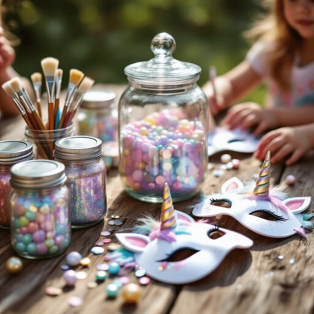 A vibrant unicorn-themed craft station on a rustic wooden table, featuring mason jars filled with colorful glitter and beads, metallic-handled paintbrushes, blank unicorn masks, and a large jar of fluffy slime, with children's hands reaching for supplies in the background.