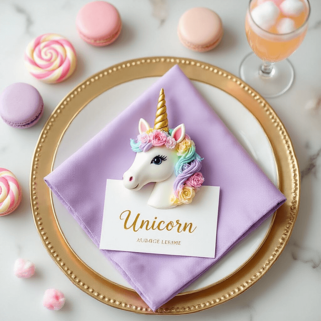 An overhead view of a unicorn-themed party place setting on a marble countertop, featuring a gold-rimmed plate with a lavender unicorn-shaped napkin, pastel macarons, a swirled lollipop, a gold calligraphy place card, and a crystal flute of pink lemonade topped with cotton candy, all highlighted by soft, diffused lighting.