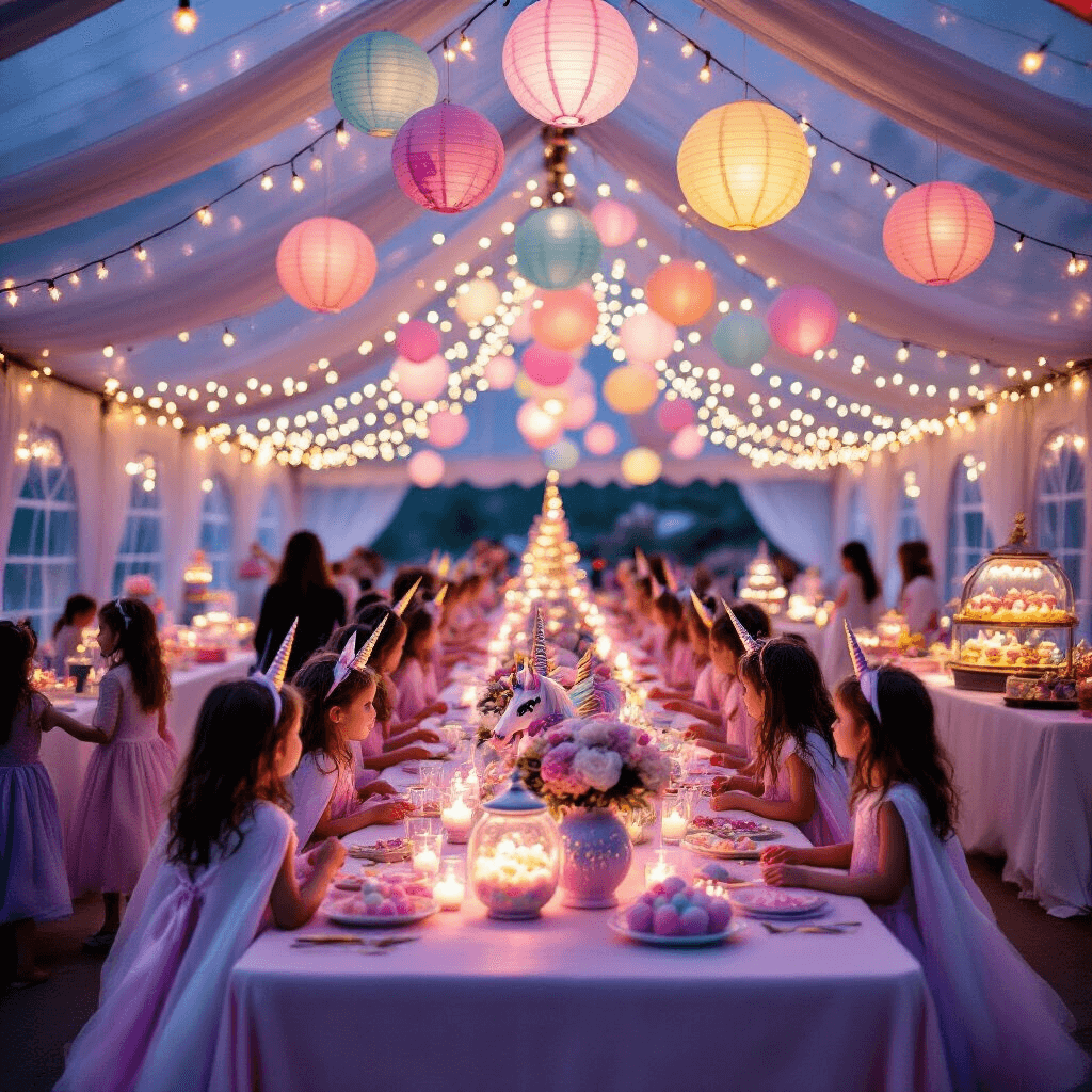 A whimsical unicorn party at dusk, featuring a magical canopy of fairy lights and pastel lanterns over long tables with ombre tablecloths. Centerpieces include unicorn-shaped vases with flowers and illuminated terrariums. A dessert cart filled with colorful treats is in the background, while children in capes and unicorn headbands dance in the foreground, creating an enchanting atmosphere.
