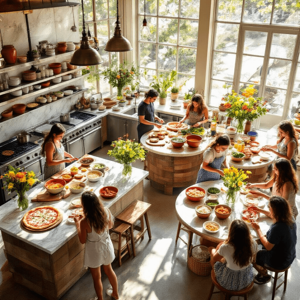 A vibrant kitchen and dining space with interactive food stations, featuring teens engaging around a pizza station, taco bar, and sundae setup, all illuminated by bright midday sunlight streaming through large windows, complemented by fresh florals in mason jars.