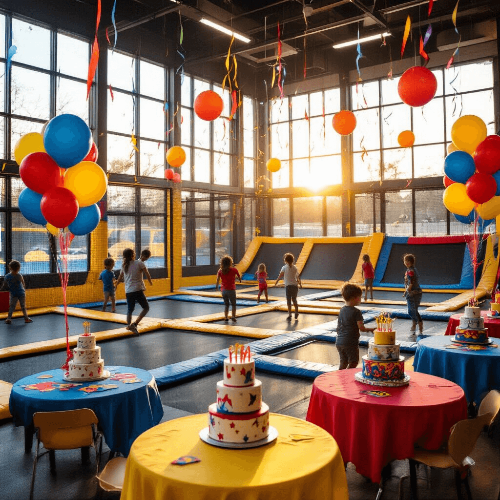 A vibrant indoor trampoline park birthday celebration during golden hour, featuring kids bouncing on colorful trampolines, superhero-themed party tables with cakes, and festive decorations in bright primary colors, all illuminated by soft natural light and neon signage.