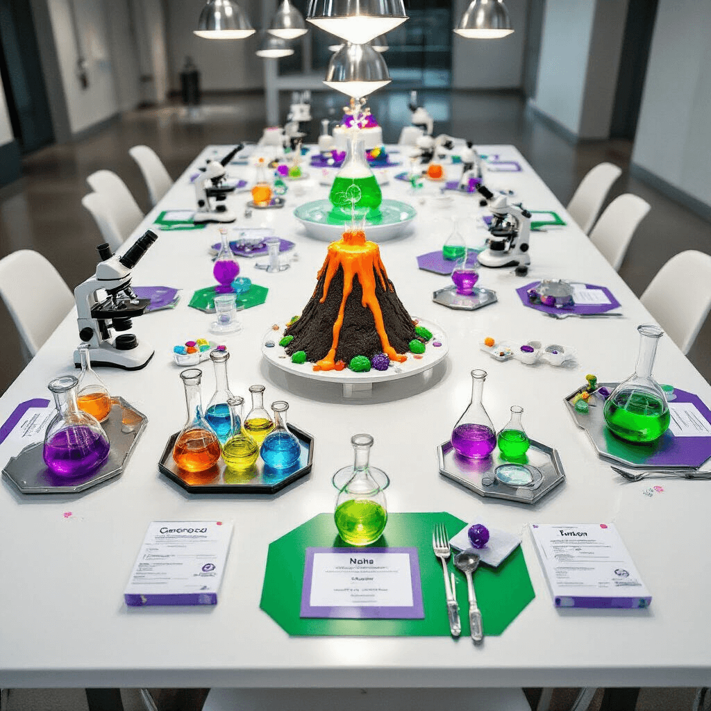 Overhead flat lay of a science-themed birthday party featuring hexagonal tables with colorful beakers, test tubes, and lab coats, illuminated by pendant lighting, with a volcano cake centerpiece.