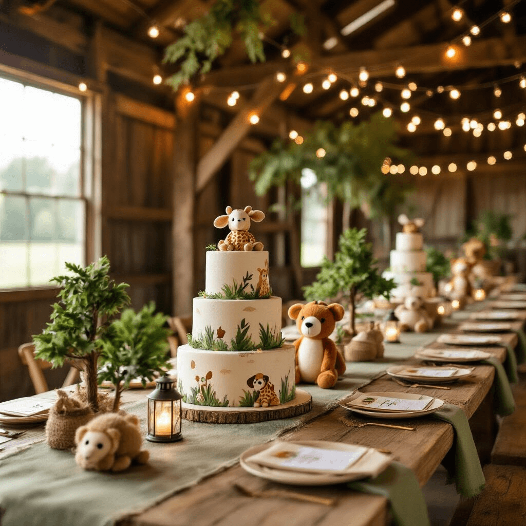 Close-up of a rustic barn birthday party decorated with safari-themed centerpieces, burlap table runners, and fairy lights, featuring plush animals and a jungle cake on a tree stump.