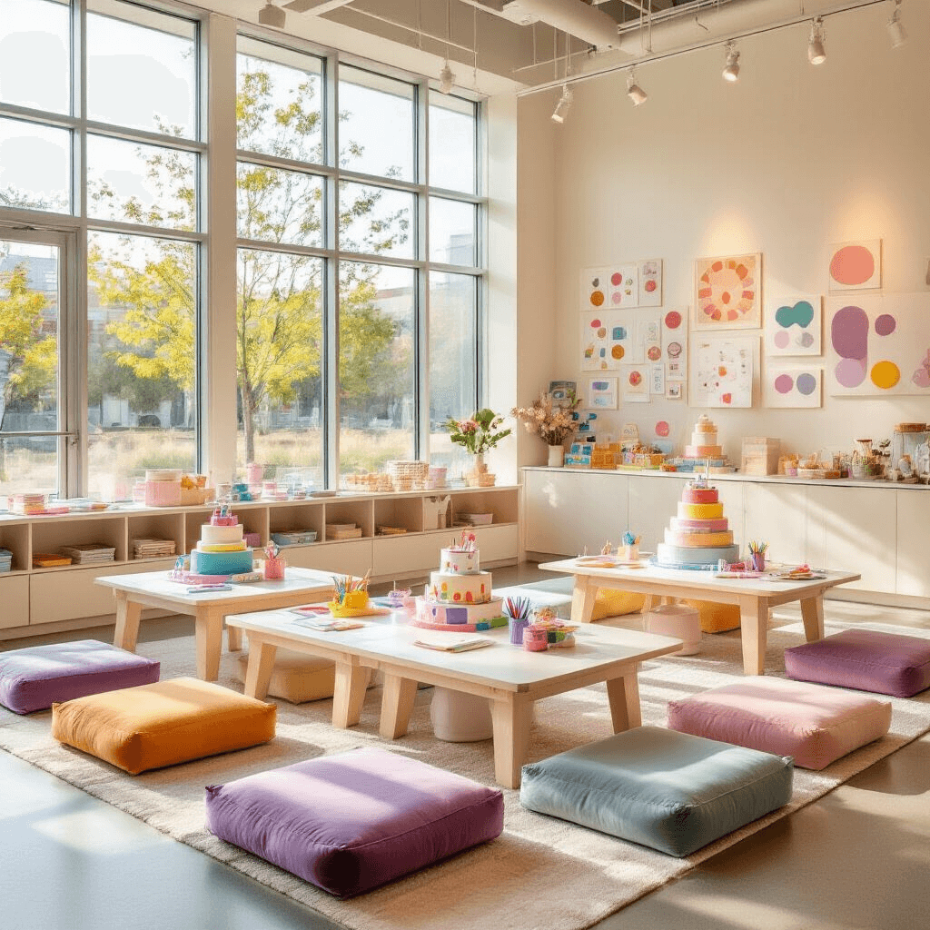 Detail crop of a bright modern children's birthday party in a museum setting, featuring low tables with pastel covers, colorful floor cushions, interactive displays, personalized favors, and a custom cake resembling textbooks, all illuminated by natural sunlight.