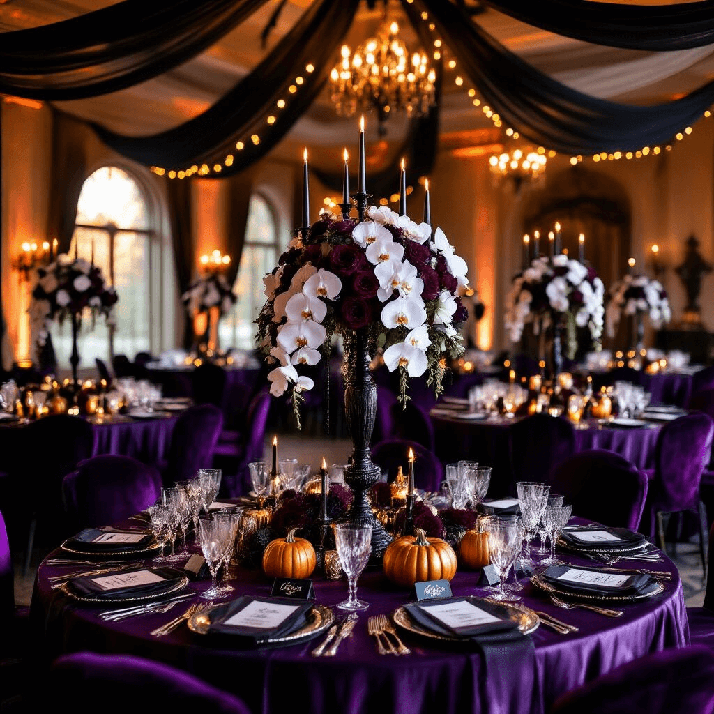 Cinematic wide-angle shot of an elegant Halloween birthday party in a ballroom, featuring deep purple silk tables, black candelabras, cascading white orchids, warm amber string lights, and gothic-inspired décor.