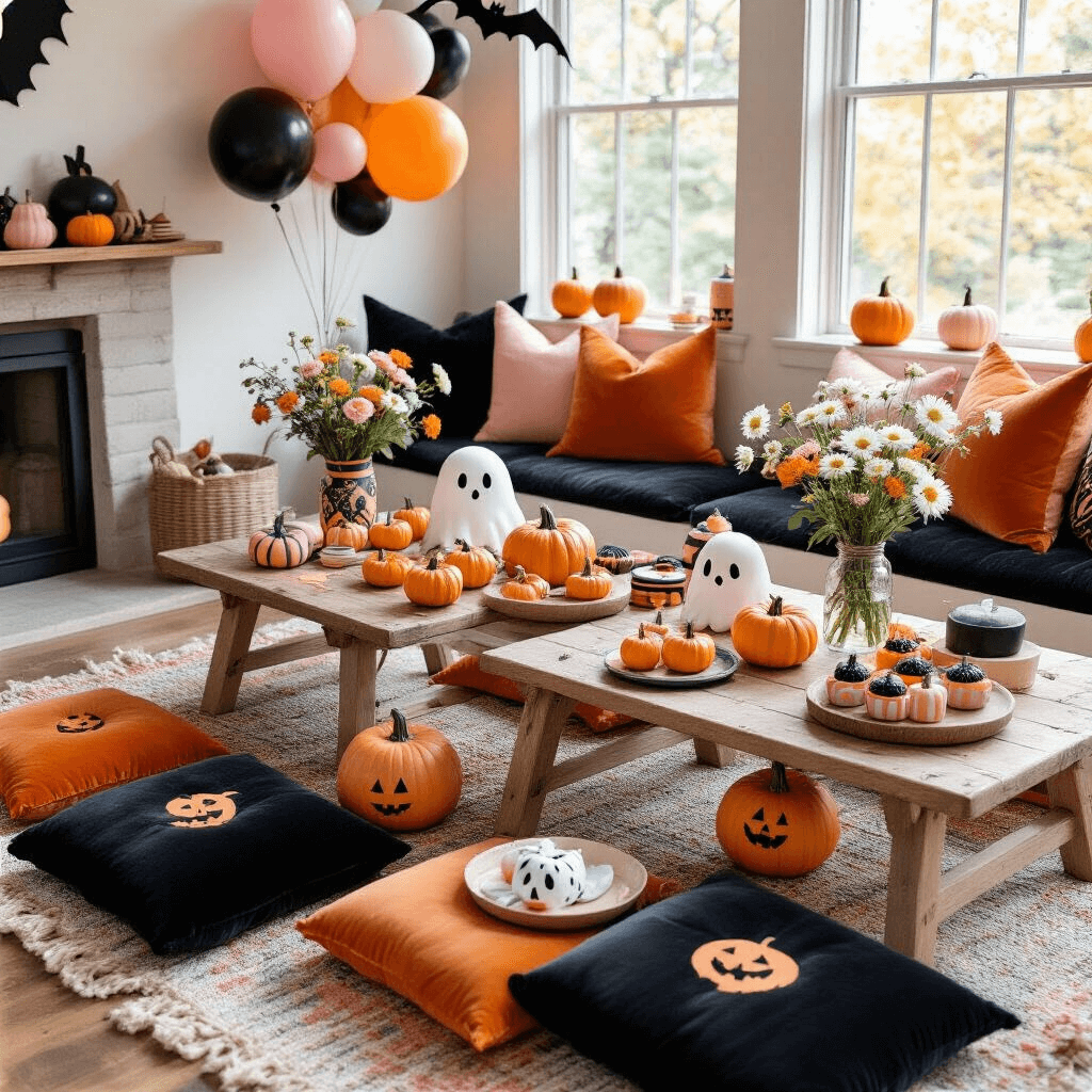 Overhead flat lay of a whimsical kids' Halloween birthday setup in a cozy living room, featuring velvet cushions, pastel goth decorations, hand-painted pumpkins, rustic treat platters, and floral centerpieces, all bathed in soft morning light.