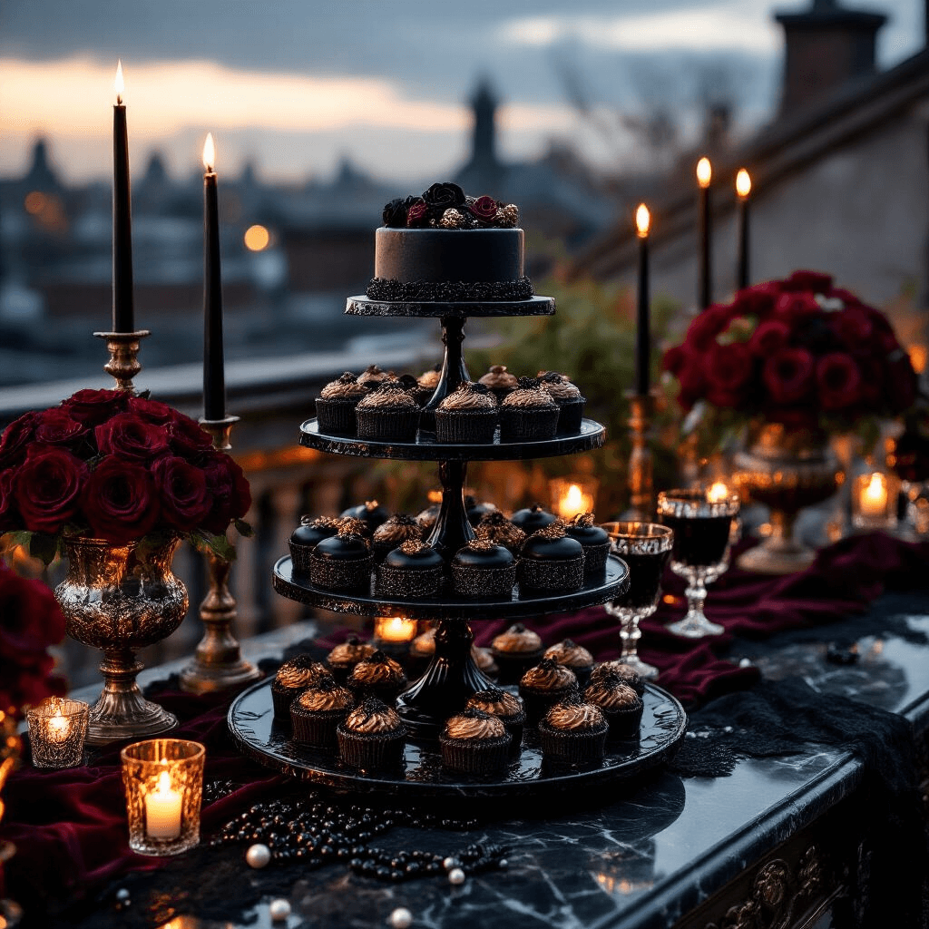 Close-up of a gothic glam Halloween birthday celebration on a rooftop, featuring a black marble dessert cart with tiered stands of gold-dusted chocolate treats, flickering candles, deep burgundy velvet runners, crystal glassware, dark red roses, and black pearls, all illuminated by atmospheric string lights.