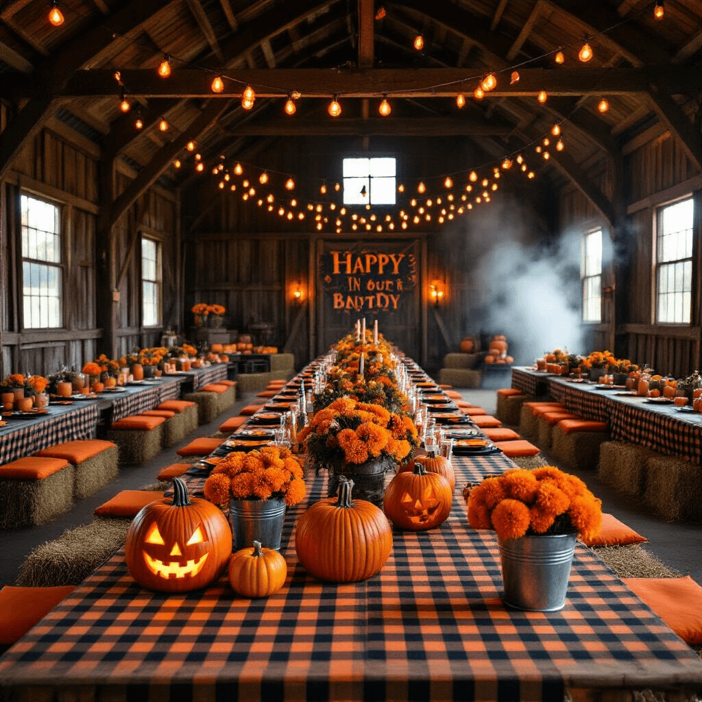 Wide-angle shot of a rustic barn Halloween-themed birthday party featuring orange and black decor, checkered tablecloths, hay bale seating, carved jack-o'-lanterns, and warm string lights, creating a festive and cozy atmosphere.