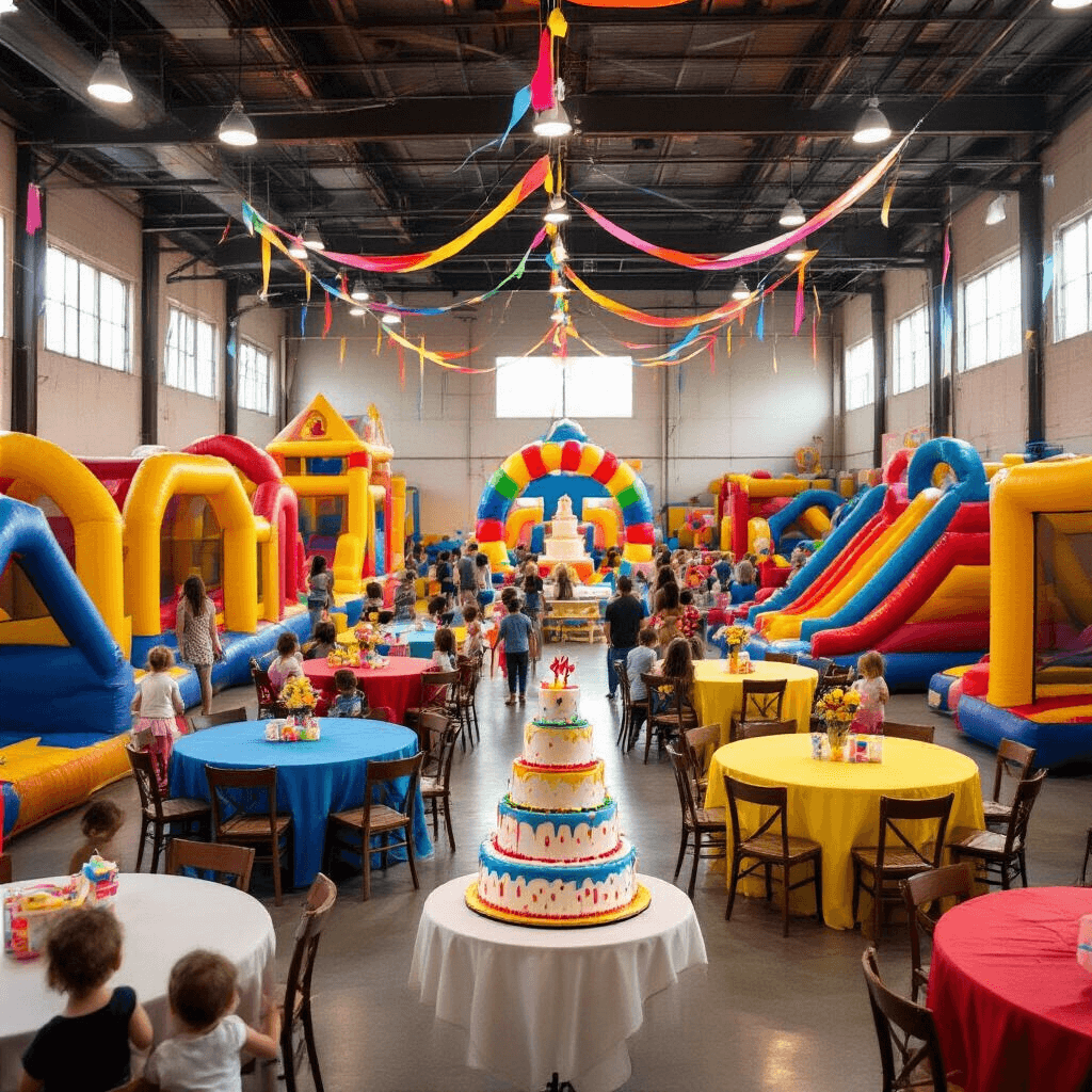 Ultimate Guide to Kids Birthday Party Venues in New Jersey: Your Perfect Celebration Destination A lively indoor children's birthday party featuring inflatable bounce houses and colorful play structures in a spacious venue, decorated with rainbow streamers and bright table linens, with a large three-tiered cake and vibrant balloon arches, illuminated by soft afternoon light.