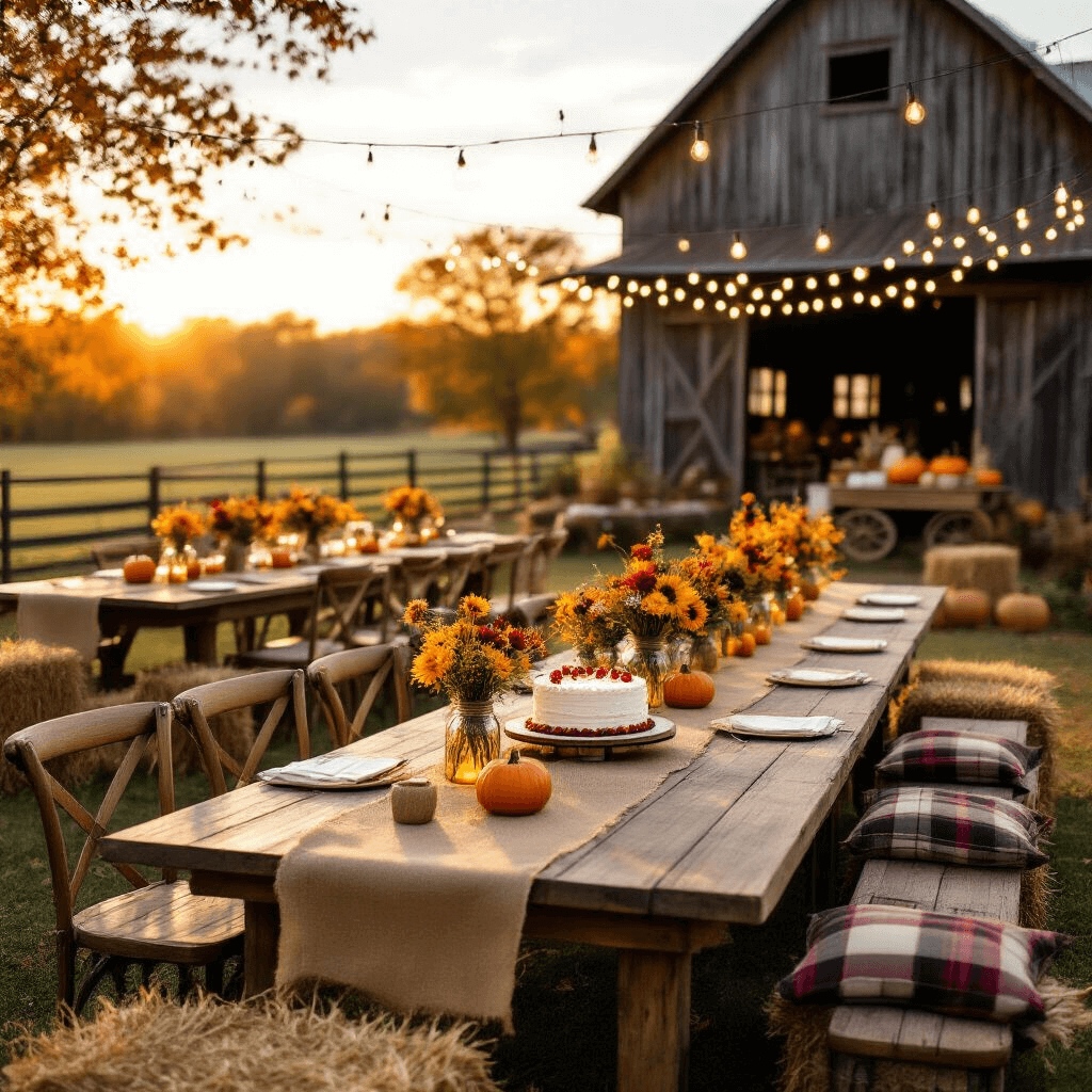 Ultimate Guide to Kids Birthday Party Venues in New Jersey: Your Perfect Celebration Destination Golden hour at an outdoor farm birthday party featuring rustic barn architecture, long farmhouse tables with burlap runners and wildflower centerpieces, string lights overhead, hay bales with cushions, and a vintage cart displaying a rustic birthday cake amidst seasonal decorations.